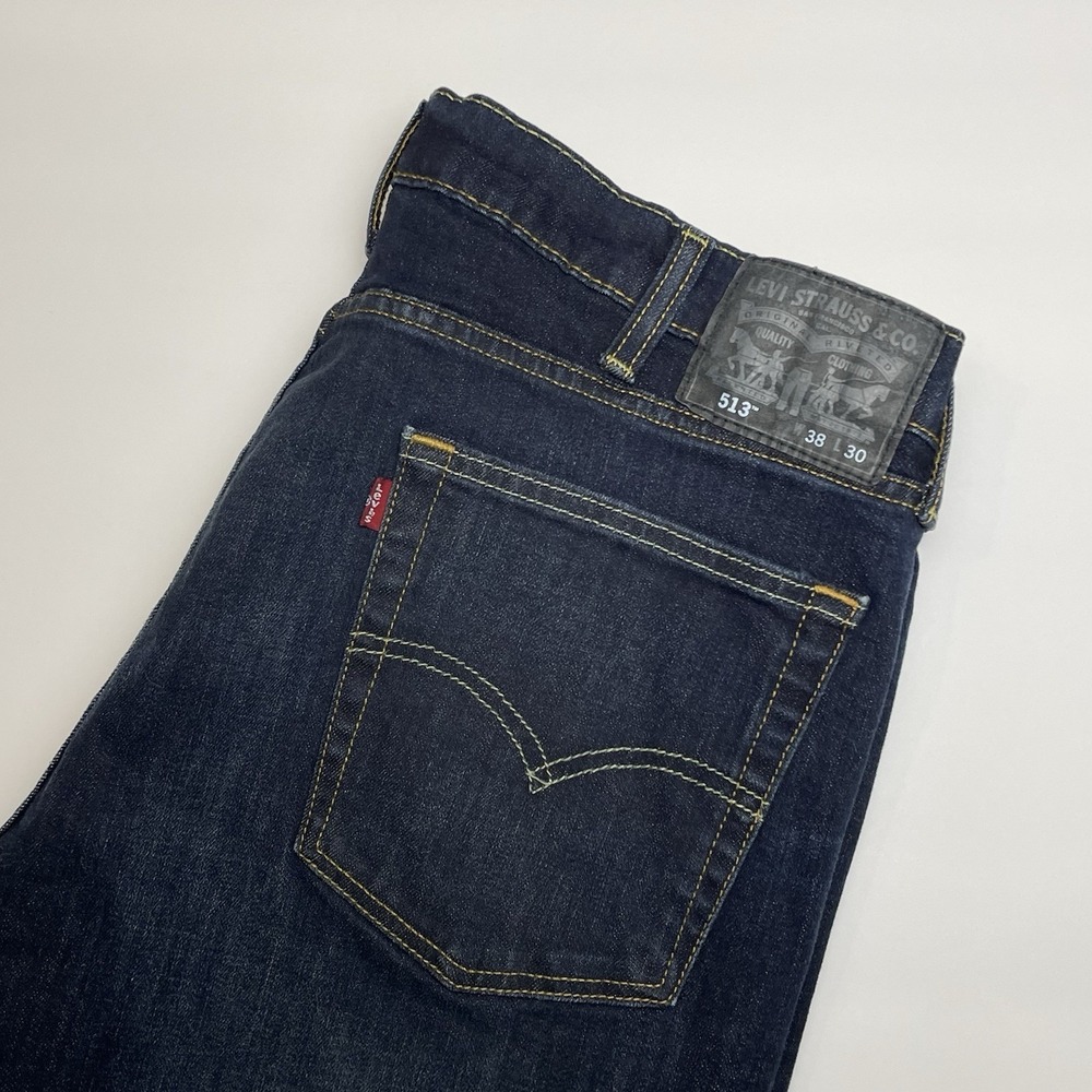 Levis 513 Slim Straight‎ Jeans Mens 38x30(29"L) Blue Denim Stretch Dark Wash